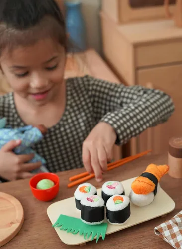 Miniatura 4 de Haba Biofino juguete suave de sushi, 10 piezas, con charola y palillos
