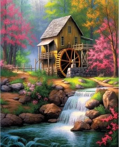 Miniatura 18 de Tucocoo Kit de pintura de flores para casa por números con pinceles y pigmento acrílico sobre lienzo para adultos, paisajes de bosques arroyos
