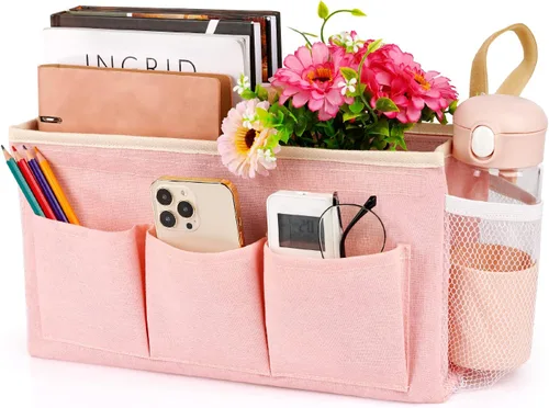 Miniatura 15 de Lilithye Organizador de almacenamiento de cabecera con correas fijas y soporte para botella de agua para el hogar, universidad, dormitorio, Gris