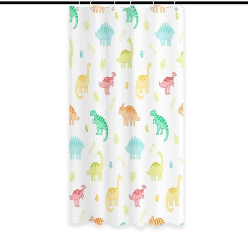 Cortina de ducha de dinosaurio colorido, lindo animé, estampado de animé, cortinas de ducha pequeñas, estilo bohemio, moderno, juego de decoración