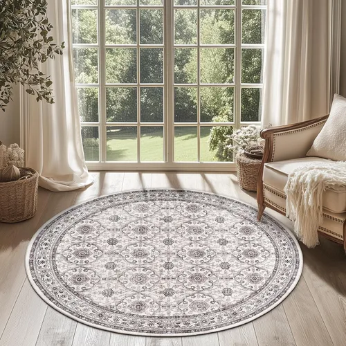Miniatura 188 de Jinchan Fiora - Alfombra redonda de 8 pies, alfombras vintage con diseño floral envejecido, lavable a máquina, antideslizante, de pelo bajo, Azul