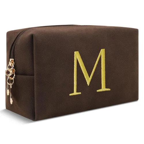Miniatura 223 de Pequeña bolsa de maquillaje personalizada con inicial A-Z Preppy Patch, bolsa de cosméticos de viaje de felpilla blanca con cremallera, bonita bolsa