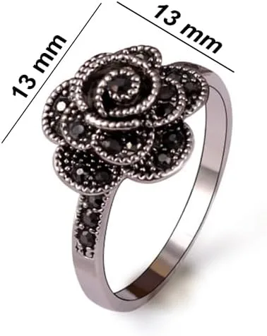 Miniatura 4 de Anillo de declaración de flores de diamantes de imitación negro vintage para mujer