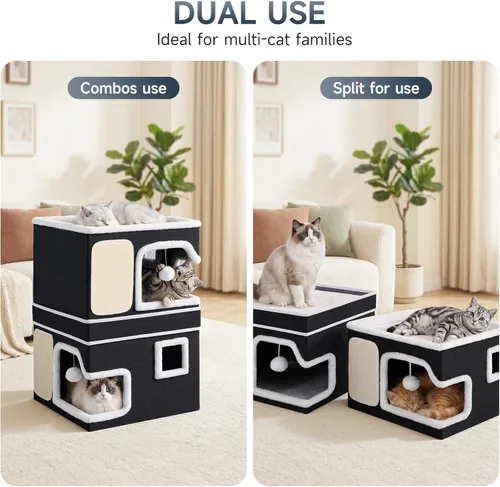 Miniatura 3 de Double Cat Beds for Indoor Cats, 2-Storey Cat House with Large Cozy Hideaways, Dual Purpose Cat Cave Cube with Scratch Pads, Fluffy Balls, Foldable