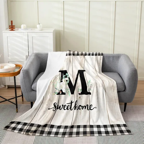 Miniatura 19 de Erosebridal Flower Initial S Flannel Blanket White Floral Flowers Fleece Blanket,40"X50",Personalized Letters Fuzzy Plush Throw for Sofa Beige Negro