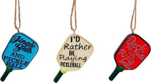Wowser Adornos de Navidad de paleta de pickleball – Juego de 3 diseños surtidos, decoraciones colgantes de árbol de vacaciones de 3 pulgadas, regalo