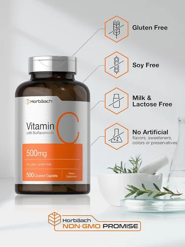 Miniatura 4 de Horbäach Vitamina C de 500 mg 500 cápsulas con bioflavonoides y escaramujos Suplemento para mujeres y hombres Vegetariano, sin OMG y sin
