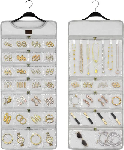 Miniatura 9 de SMRITI Organizador de joyas colgante con bolsillos dobles con cremallera, lona de doble cara giratoria para colgar collares, organizador de pared