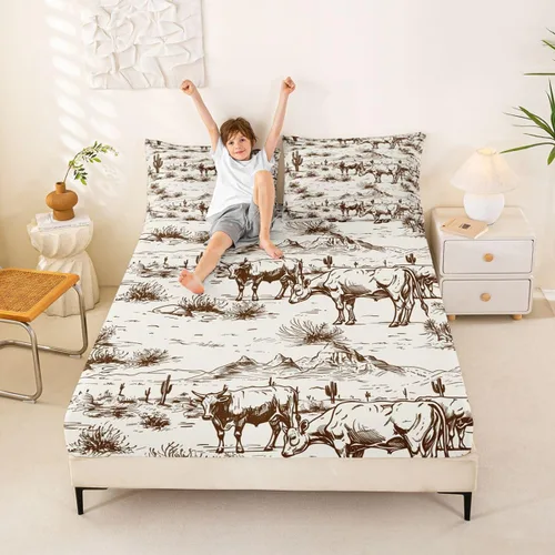 Miniatura 10 de Erosebridal Sábana bajera ajustable de vaquero, tamaño individual, desierto salvaje oeste americano, ilustración dibujada a mano, para decoración