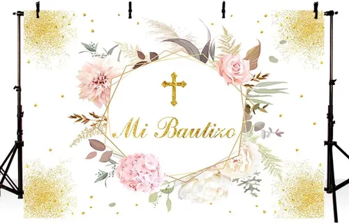 Miniatura 2 de MEHOFOND Mi Bautizo - Telón de fondo dorado con texto en inglés «Bless Mexican Bautismo» para niña, decoración de fiesta de primera comunión