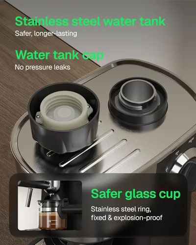 Miniatura 6 de HBN Máquina de café expreso, cafetera de 3.5 bar para capuchino y café con leche, cafetera de acero inoxidable de 2 a 4 tazas con espumador