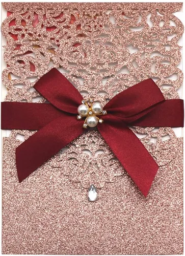 Miniatura 8 de AdasBridal 25 invitaciones de corte láser con purpurina plateada con tarjetas y sobres, diseño de diamante y cinta de lujo con inserto de papel