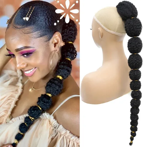 Miniatura 10 de Extensión de cola de caballo afro rizada con burbuja para mujeres negras de 18 pulgadas de largo, cola de caballo con cordón natural negro, clip