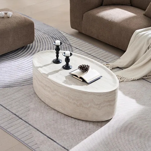 Miniatura 28 de Ø35.43'' Mesa de café redonda para sala de estar, moderna mesa de café en forma de tambor, material de fibra de vidrio, sin ensamblaje, beige