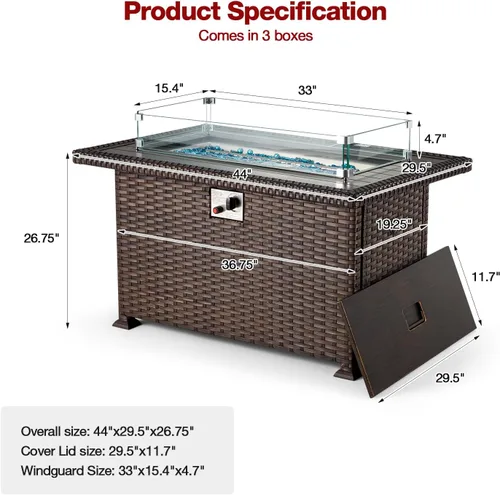 Miniatura 5 de HOMREST Mesa de fuego de gas propano para exteriores de 44 pulgadas, fogata de gas de encendido automático de 50,000 BTU con protector de viento