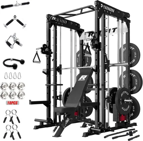Miniatura 14 de RitFit Paquete de máquina M1 Pro Smith, jaula de potencia todo en uno con juego de pilas de pesas, incluye sistema LAT Pulldown y cable cruzado