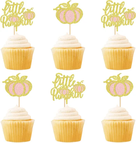 24 adornos para cupcakes de calabaza con purpurina, decoraciones de baby shower, tema de cosecha de otoño, suministros para fiestas de cumpleaños