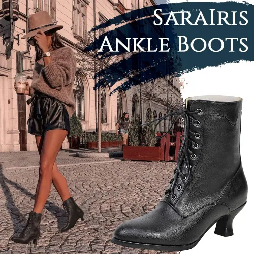 Miniatura 2 de SaraIris Womens Ankle Boots Mid Calf Boots Gothic Chunky Heel Lace Up Mesh Vintage Round Toe Knight Boots Witch Boots for Women