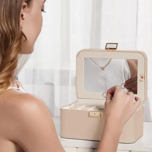 Miniatura 2 de Joyero mejorado, organizador de joyas de piel sintética de 2 capas para mujer con cerradura y espejo, gancho oculto para collar y divisor extraíble