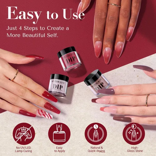Miniatura 4 de AZUREBEAUTY Polvo de uñas de inmersión, kit de iniciación de 6 colores con purpurina marrón y roja, arte de uñas francesa, manicura de bricolaje