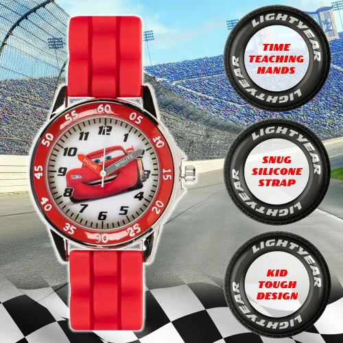 Miniatura 3 de Disney Reloj para enseñar la hora a niños CZ1009 Cars Rayo McQueen Reloj circular con correa de hule roja