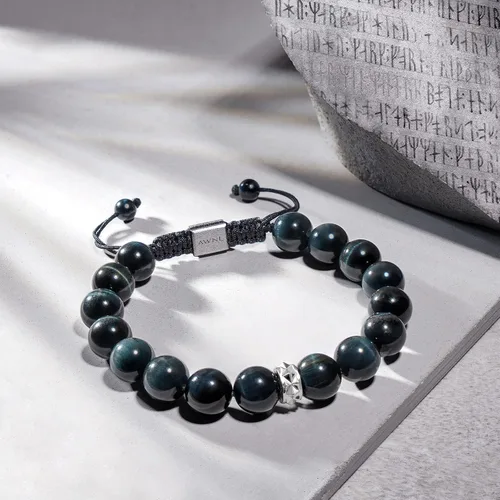 Miniatura 3 de Hawk's Eye Charoite Beaded Bracelet for Men Sterling Silver Charm Adjustable Drawstring 10mm Natural Gemstones Gift for Men, 6.3''-7.1