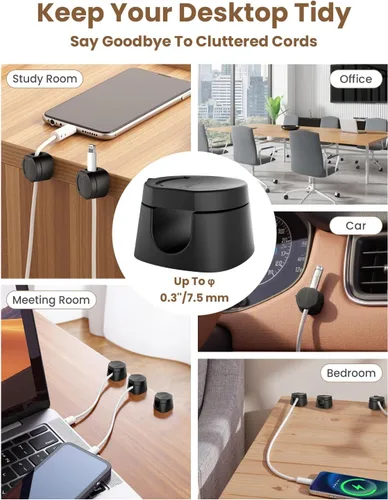 Miniatura 7 de Kanemc Clips de cable para escritorio, organizador magnético de alambre giratorio de 360°, gestión de cables autoadhesivos para escritorios