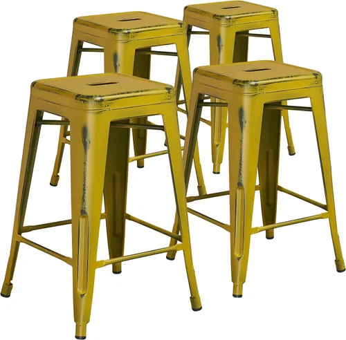 Miniatura 21 de Taburete de 24 pulgadas de alto para interior y exterior con asiento cuadrado., Metal, Negro