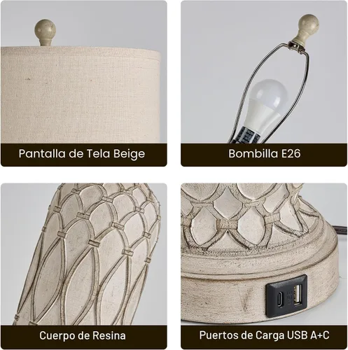 Miniatura 4 de Lámparas de Mesa de Estilo Granja para Dormitorio, Juego de 2, Lámpara de Noche Rústica de 28 pulgadas con Puertos USB, Lámpara de Mesa de Noche