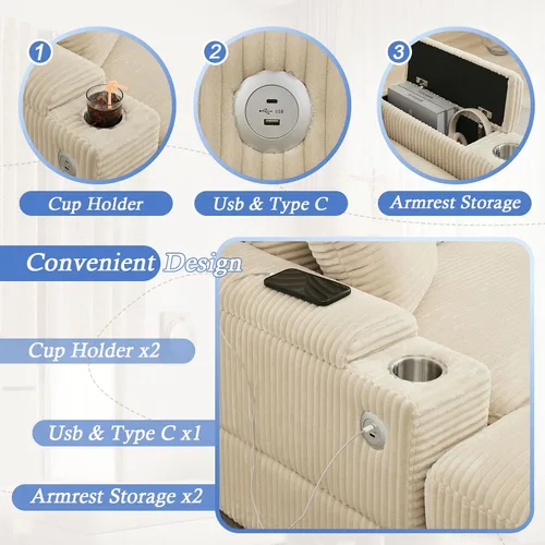 Miniatura 5 de Sofá seccional de 86.6 pulgadas con 2 otomanas, cómodo sofá convertible modular Cloud tapizado de pana con portavasos y USB, almacenamiento