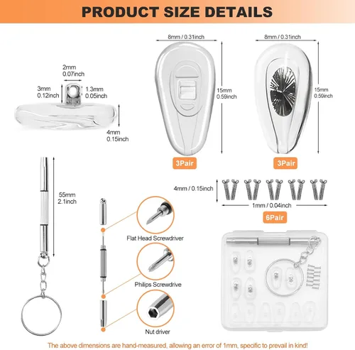 Miniatura 3 de Almohadillas para la nariz de gafas, 6 pares kit de reparación de gafas atornillables con destornillador y tornillos pequeños, almohadillas