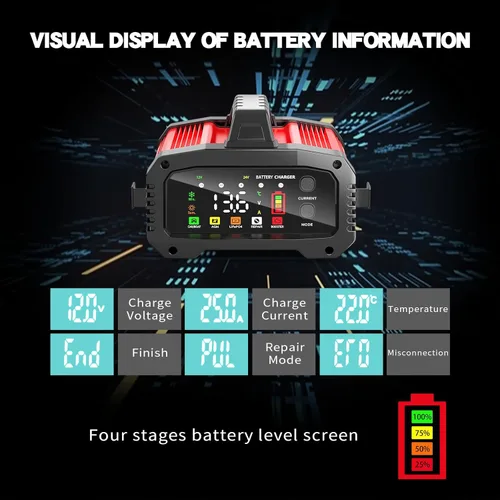 Miniatura 6 de Cargador de batería de coche 25A, 12V/24V LiFePO4 cargador de batería automotriz, cargador de goteo de amplificador ajustable con detección