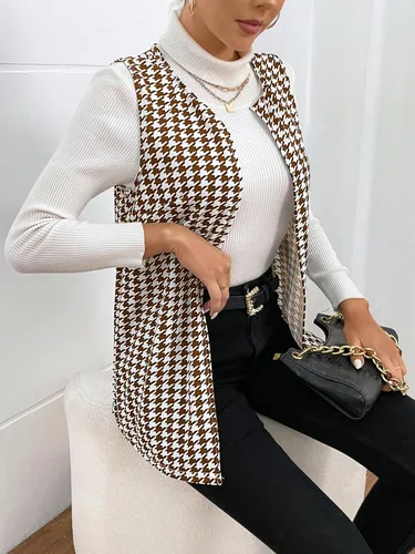 Miniatura 4 de WDIRARA Chaleco elegante sin mangas con pata de gallo abierto para mujer, abrigo largo
