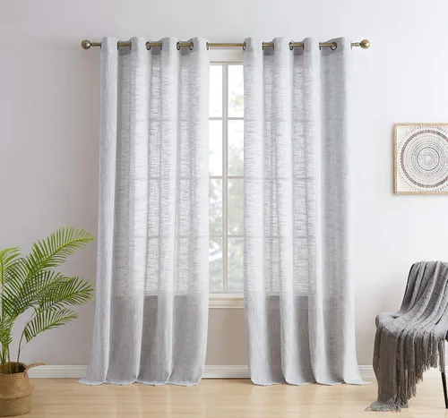 Miniatura 9 de HLC.ME Cortinas de lino sintético con textura semitransparentes que mantienen la privacidad y filtran la luz solar, con ojales, cortinas cortas