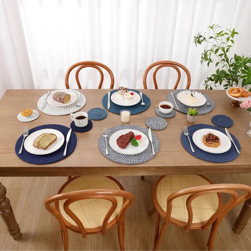 Miniatura 6 de SHACOS Juego de 6 manteles individuales redondos tejidos de cuerda de algodón con posavasos, manteles individuales para mesa de cocina de 13 Azul