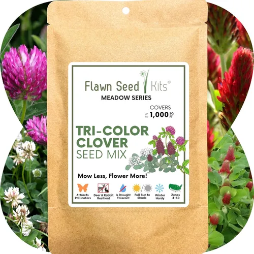 Flawn Seed Kits Semilla de trébol tricolor, mezcla igual de trébol rojo carmesí, trébol rojo medio, trébol blanco holandés, bolsa con cremallera de