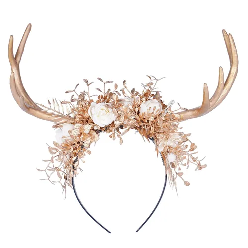 MOSTORY Diadema hecha a mano con cuernos de flores doradas, diadema de cuernos de ciervo y bosque, diadema de reno floral para mujeres y niñas,