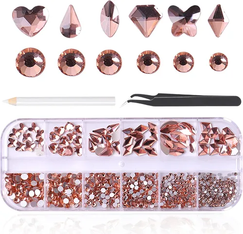Miniatura 34 de 3520 diamantes de imitación de uñas color dorado champán para uñas, multiformas con parte trasera plana, diamantes de imitación redondos