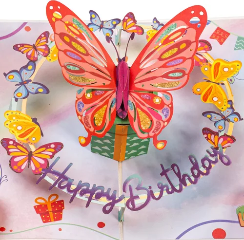 Paper Love Tarjeta de cumpleaños desplegable 3D, mariposa, para adultos y niños, cubierta de 5 x 7 pulgadas, incluye sobre y etiqueta para notas