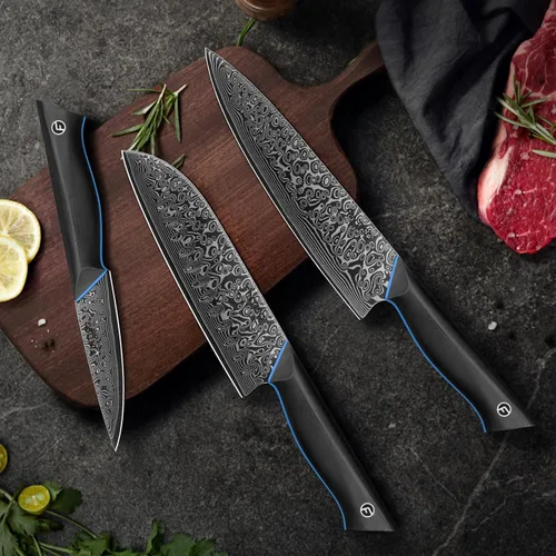 Miniatura 7 de Juego de cuchillos de cocina de 3 piezas, juego de cuchillos de chef ultra afilados forjados de acero japonés de Damasco de 67 capas, juego