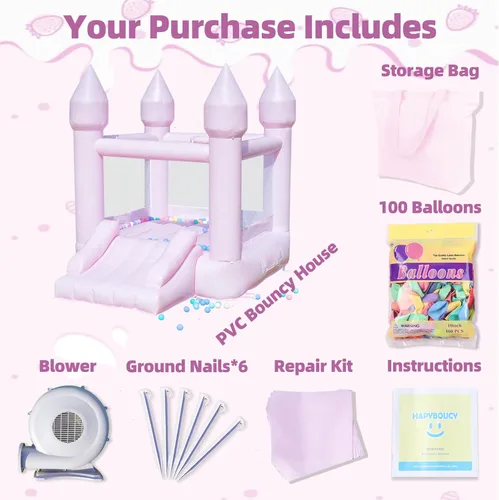 Miniatura 4 de Casa de rebote de PVC, casa de rebote para niños de 3 a 6 años con soplador y tobogán, castillo inflable rosa para niños pequeños de 1 a 3 años