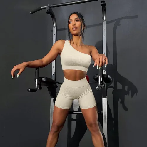 Miniatura 3 de Plubedo Conjuntos de entrenamiento para mujer, 2 piezas, acanalados, sin costuras, con un hombro, de cintura alta, para yoga, conjunto deportivo