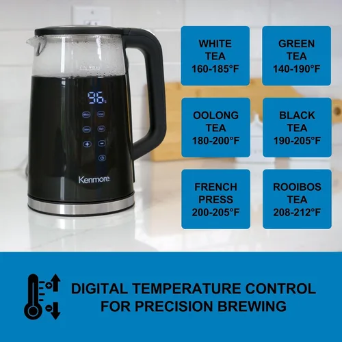 Miniatura 3 de Kenmore - Hervidor eléctrico inalámbrico de 1.7 litros, chofer digital inalámbrico, hervidor de té instantáneo, control de temperatura Negro