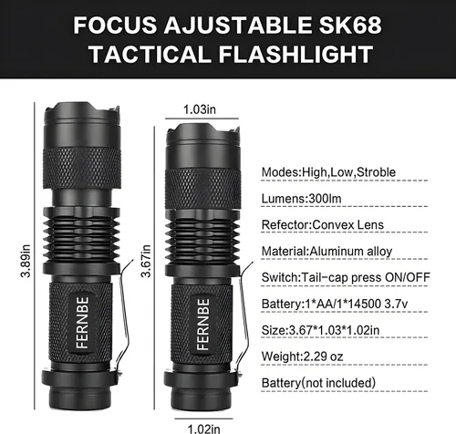 Miniatura 5 de Paquete de 5 SK-68 3 modos de mano mini linterna LED antorcha lámpara 7w 300lm enfoque ajustable zoomable luz impermeable con clip para cinturón