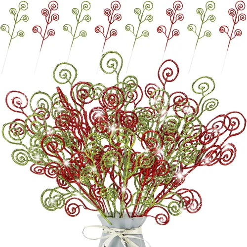 Miniatura 10 de 24 piezas de adornos de Navidad con purpurina, palitos decorativos, palillos de dulces, rociadores rizados, ramitas para Halloween, ramas de árbol