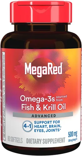 Megared Aceite de pescado omega-3 + aceite de krill de alta absorción 500 mg cápsulas blandas, MegaRed Advanced 4 en 1 (80 unidades en una botella)