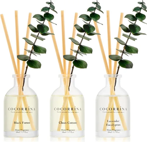 COCORRÍNA Juego de 3 difusores de aceite perfumado de eucalipto de eucalipto, bosque negro, aroma de algodón limpio, 1.7 onzas líquidas cada uno,