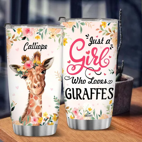 Miniatura 3 de BECHUSKY Vaso de acero inoxidable personalizado con aislamiento al vacío de flores de jirafa con tapa Just A Girl Who Loves Giraffes, taza de café
