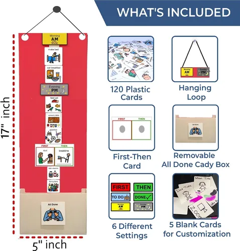 Miniatura 2 de Programa visual para niños – 133 tarjetas de plástico duraderas con imágenes y monedas de lazo suave Rutina diaria y tabla de recompensas de Rojo