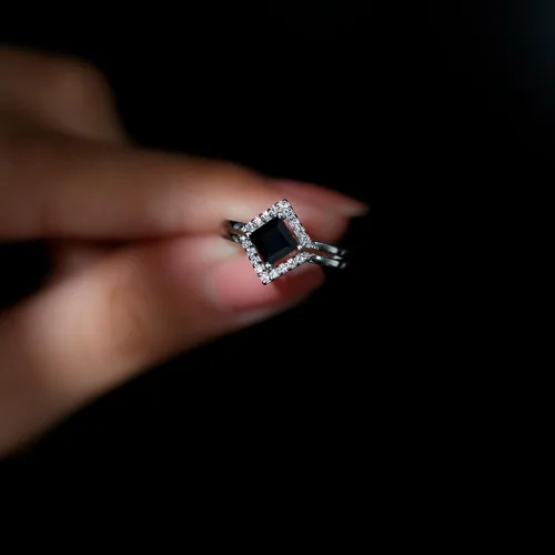 Miniatura 4 de Juego de anillos de boda de ónix negro y diamantes de corte princesa certificado 0.197 in Regalos de San Valentín para ella